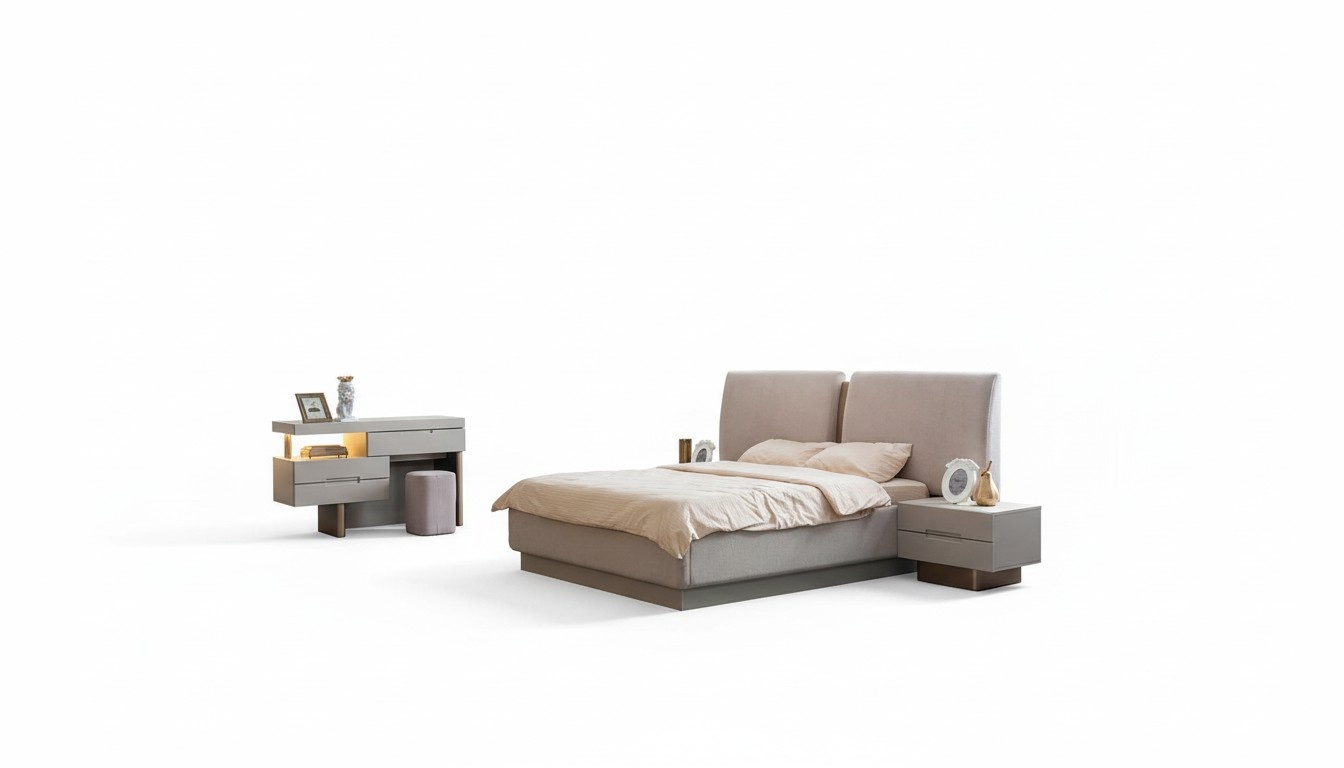 Modern bedroom set 4 pieces. Bed, dressing table, nightstands, beige, modern.