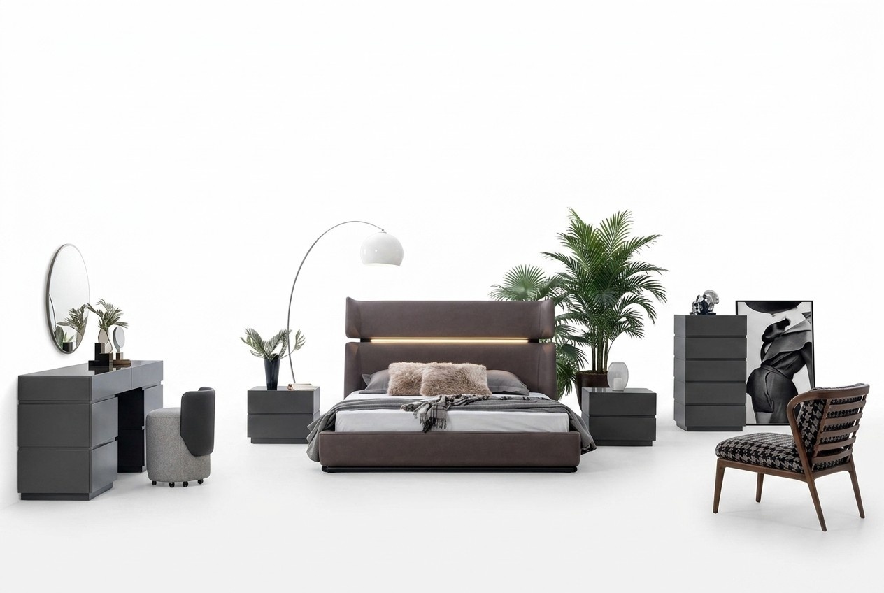 Modern bedroom set 6-piece bed 2x bedside tables chest of drawers with mirror