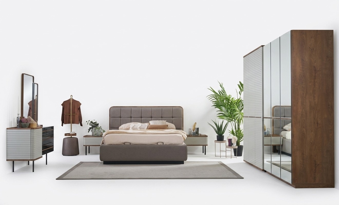 Modern Bedroom Set 7 Piece Double Bed Complete Brown Wood Bed