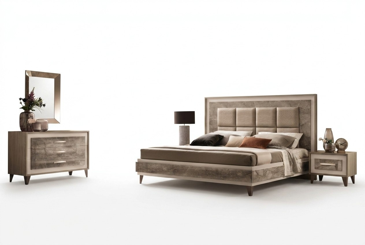 Modern bedroom set, bed, bedside table, chest of drawers, mirror, new 4-part. arredoclassic