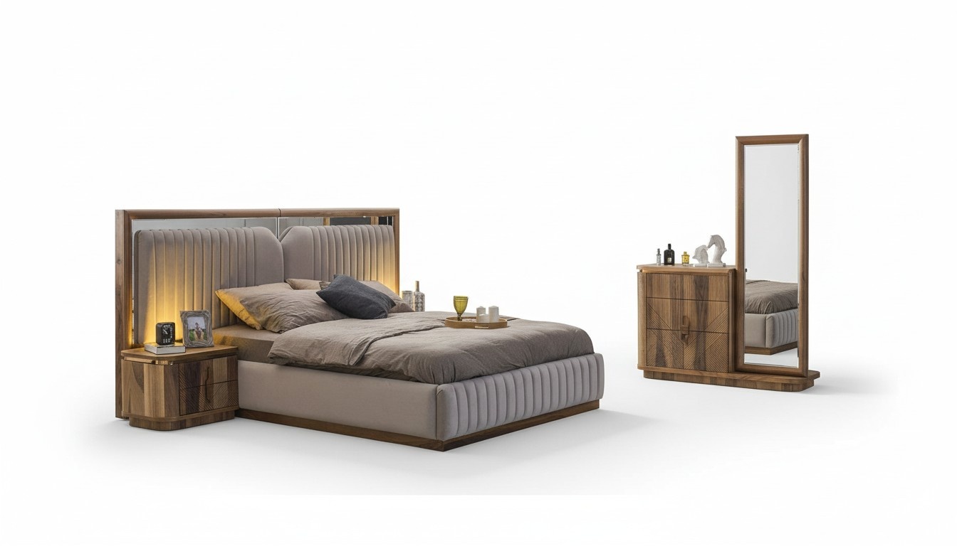 Modern bedroom set bed + 2x bedside tables + chest of drawers with mirror Modern