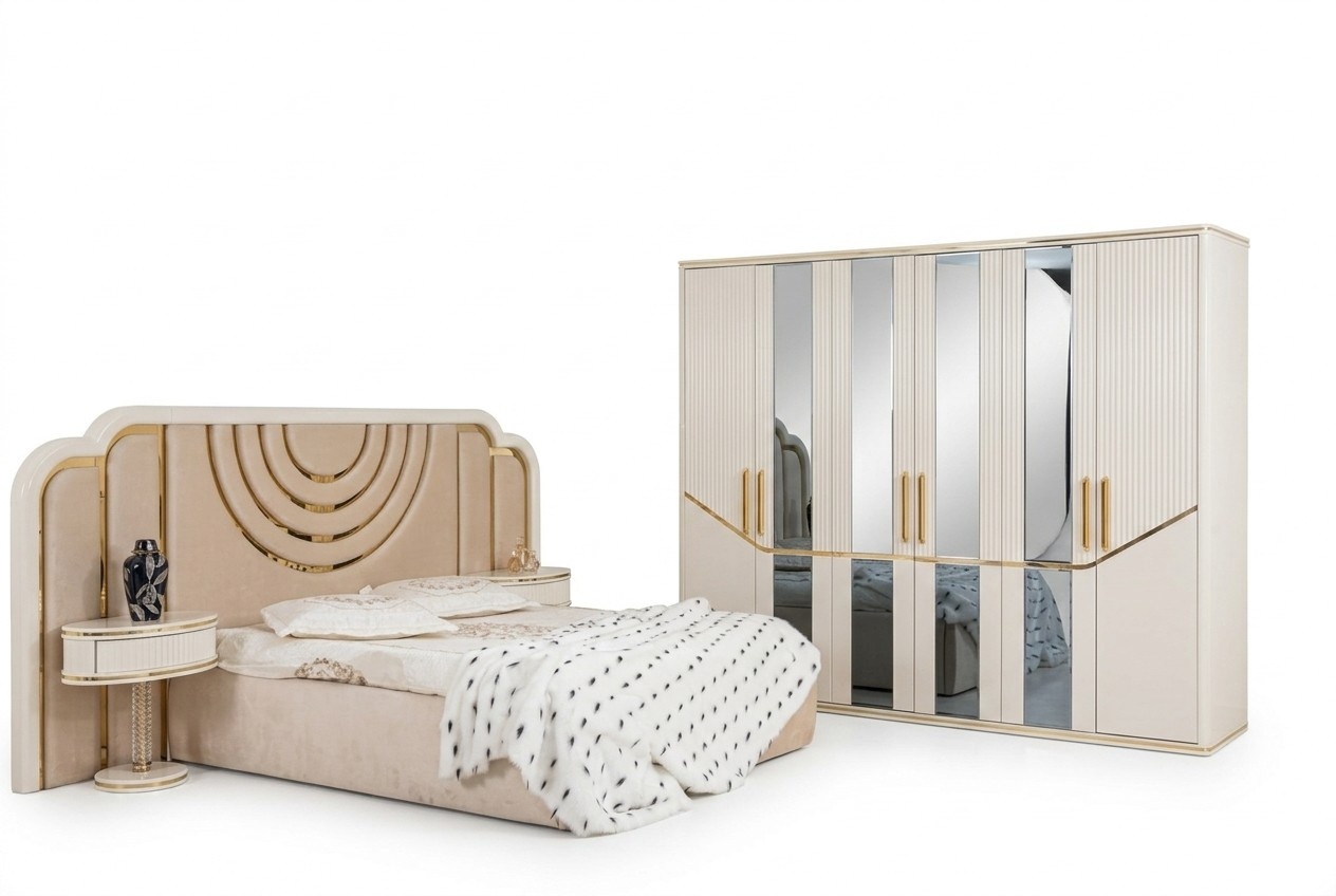 Modern bedroom set bed 2x bedside tables wardrobe design furniture 4 pcs.