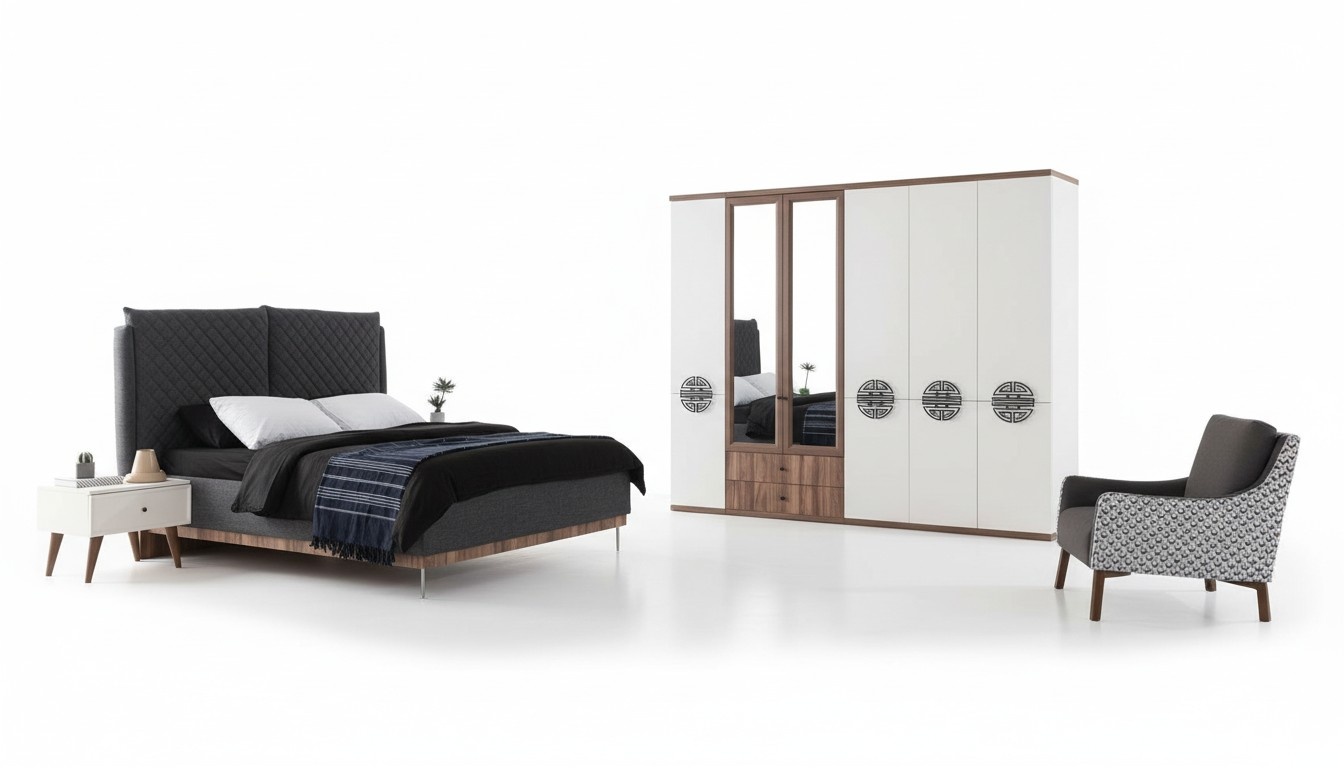 Modern bedroom set designer double bed wardrobe nightstands