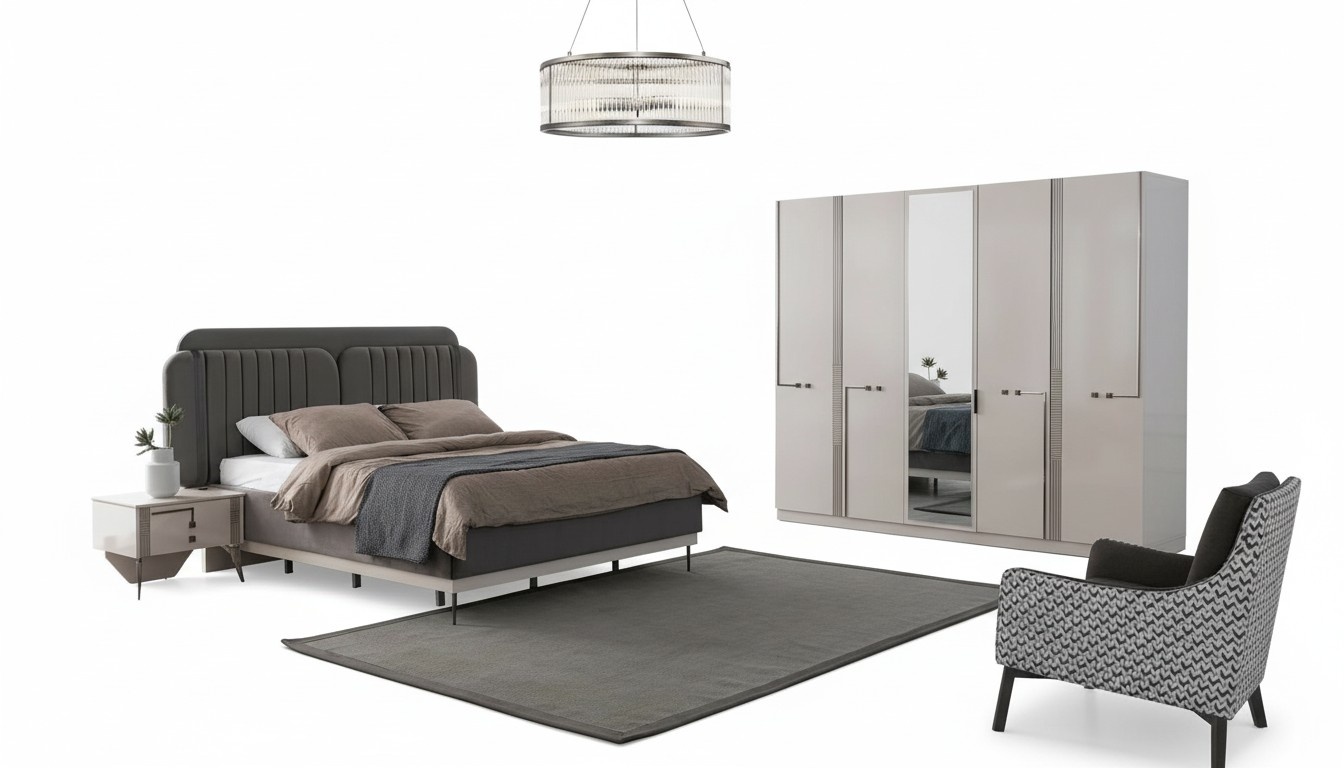 Modern bedroom set double bed bedside table wardrobe luxury