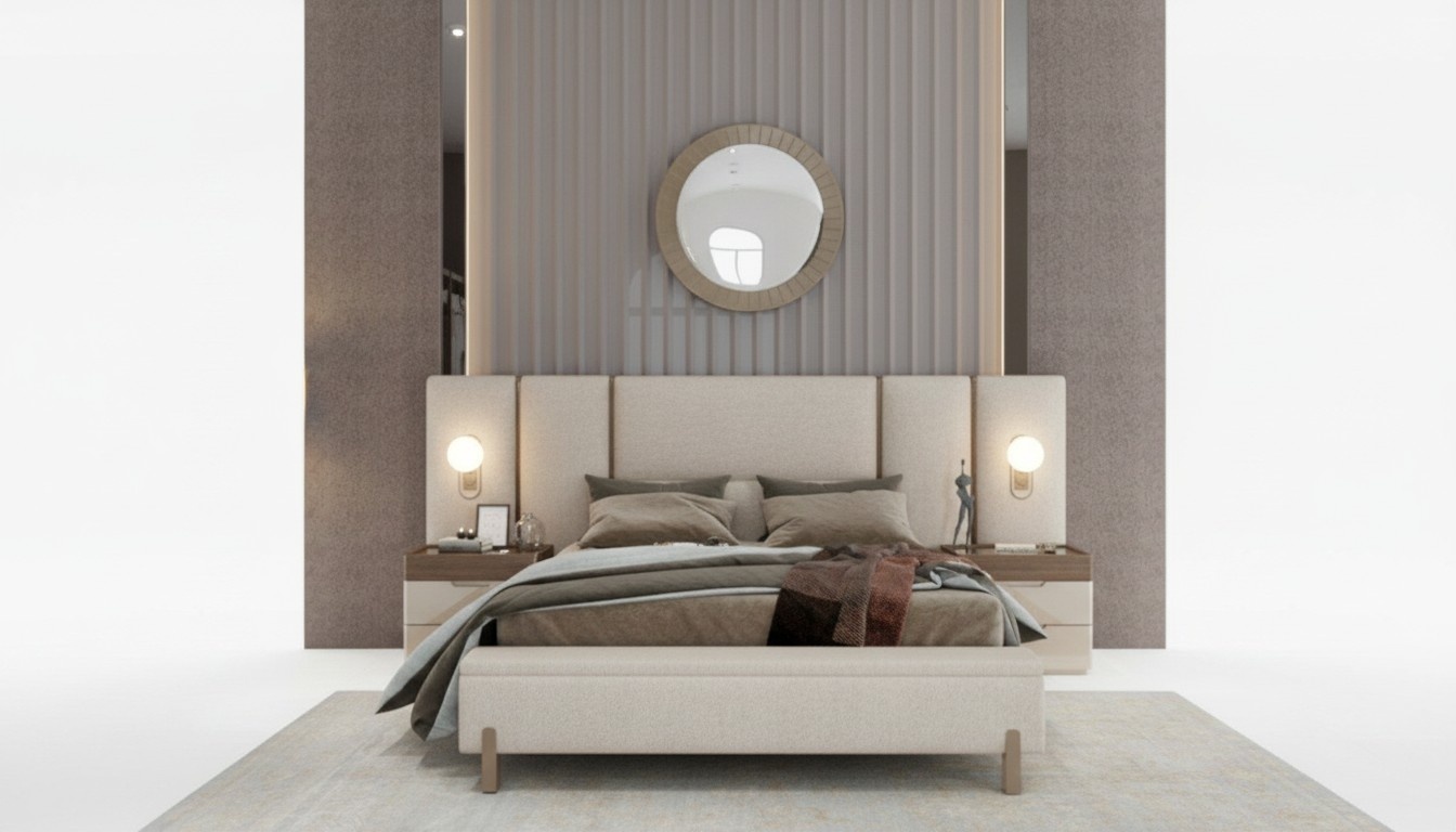 Modern bedroom set with bed, bench, and 2 nightstands, 3 pieces, new