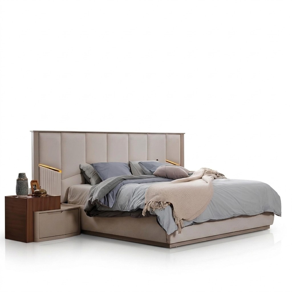 Modern Beige Bedroom Set Luxurious Double Bed + Bedside Tables