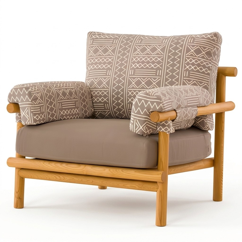 Modern beige fabric armchair made of wood for terrace and balcony.