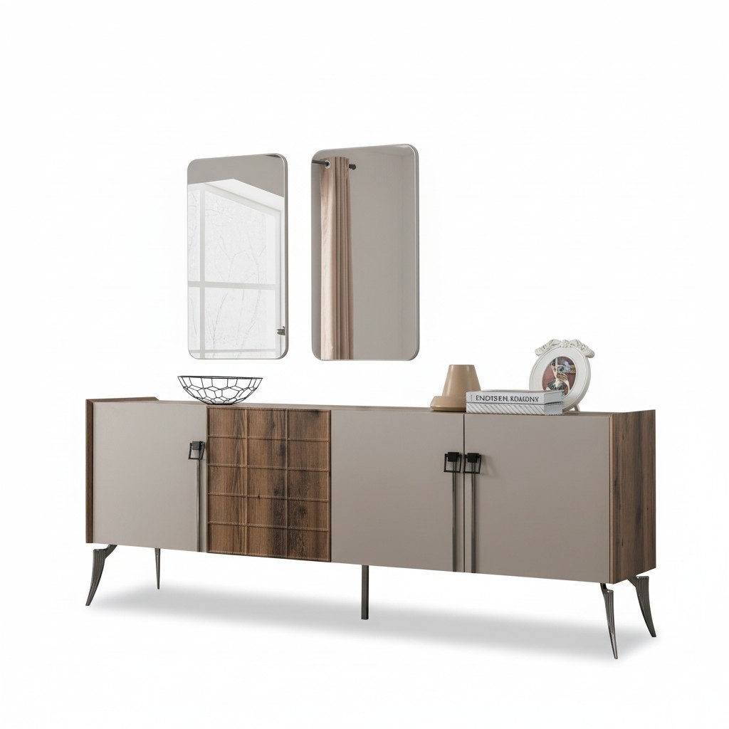Modern beige set luxury sideboard 2x mirror wooden furniture sideboard