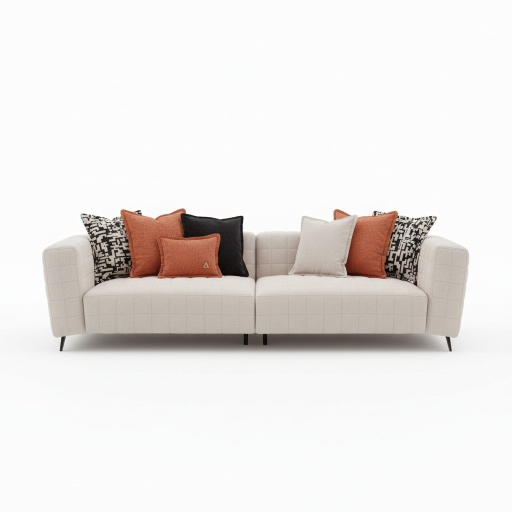 Modern beige textile sofa, 4-seater with wooden frame.