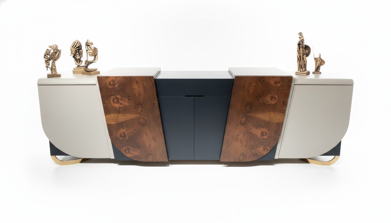 Modern beige wooden console for hallway, living room, office.