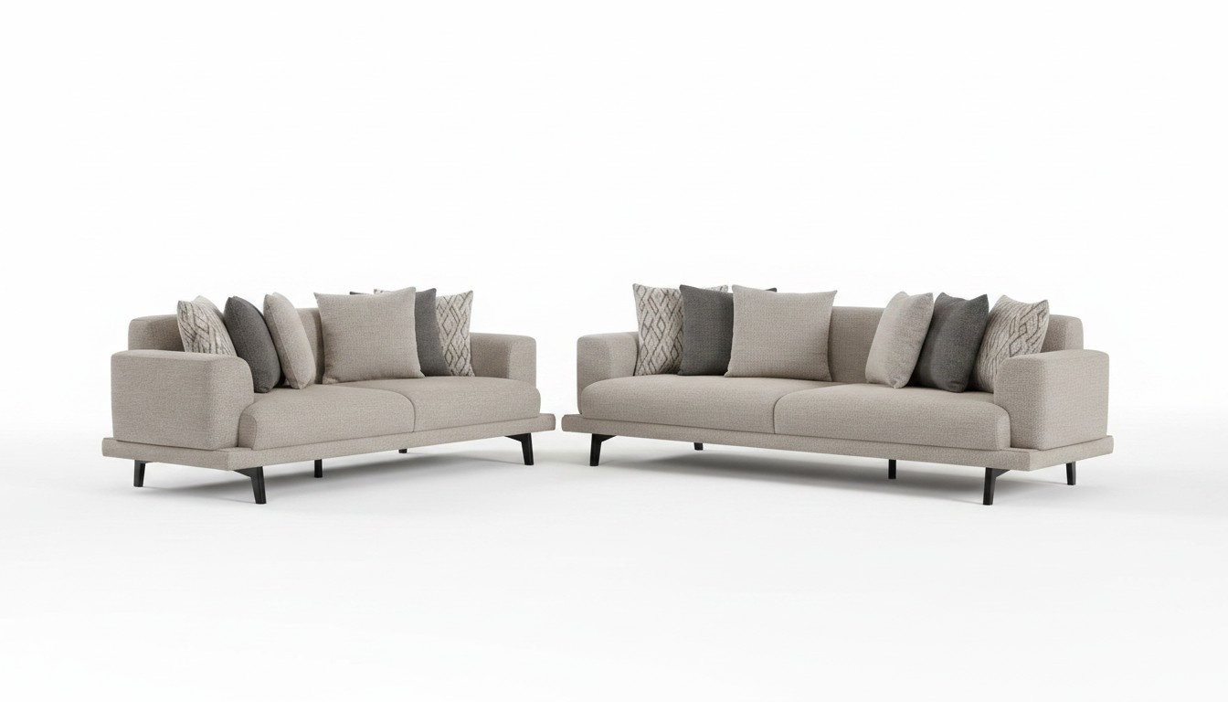 Modern beige wood-textile 3-seater sofas in a double set.