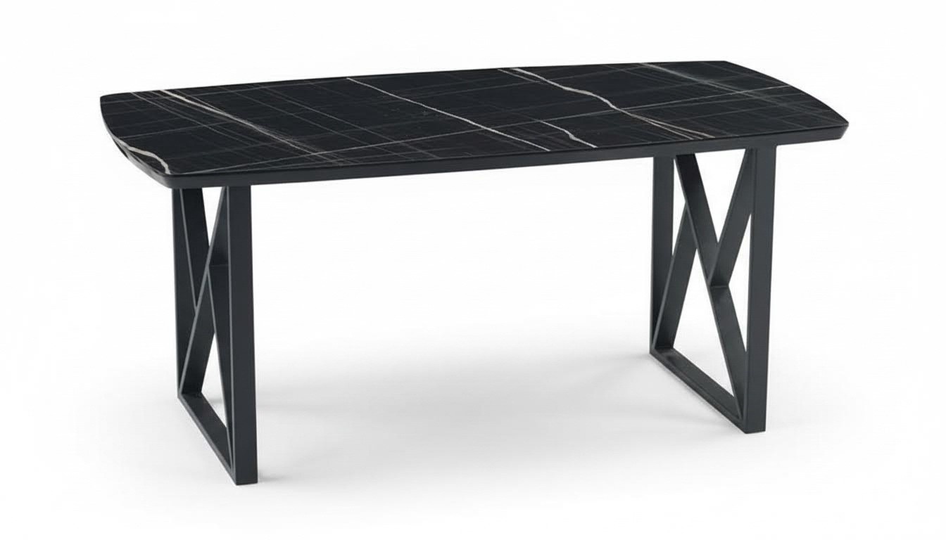 Modern black dining table rectangular wooden tabletop stainless steel legs