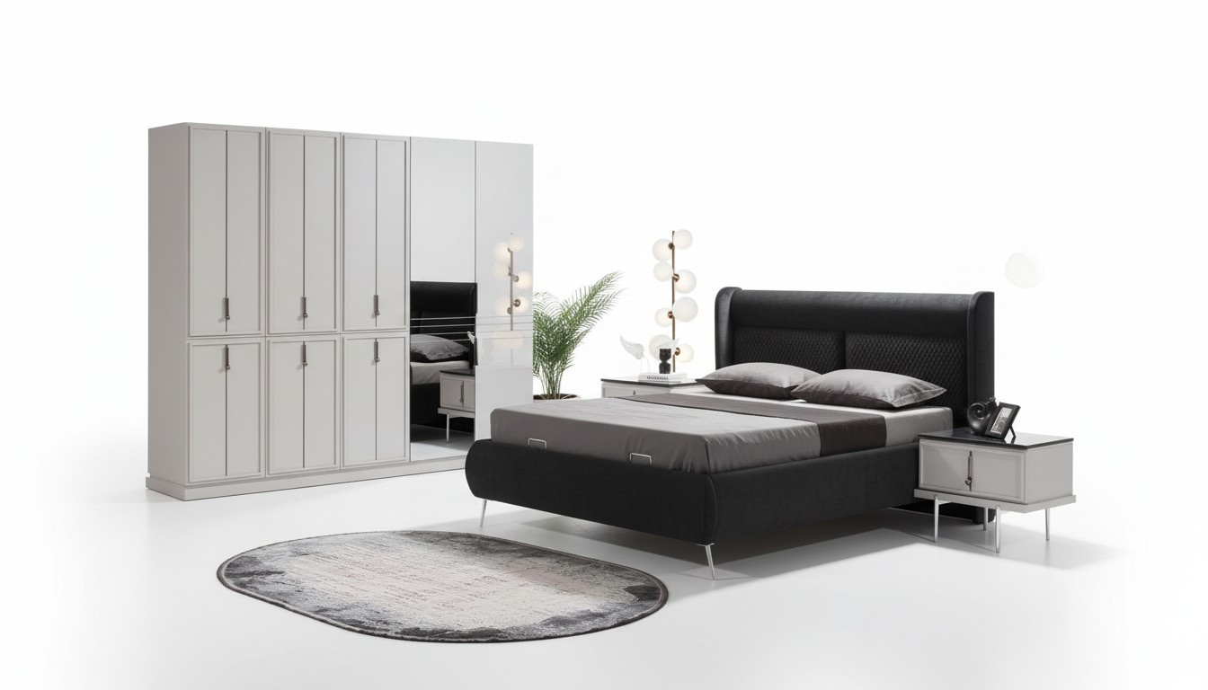 Modern black and white bedroom furniture Upholstered bed Bedside tables 4 pcs