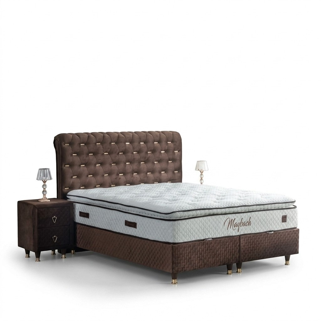 Modern brown bedroom set designer upholstered bed 2x bedside tables