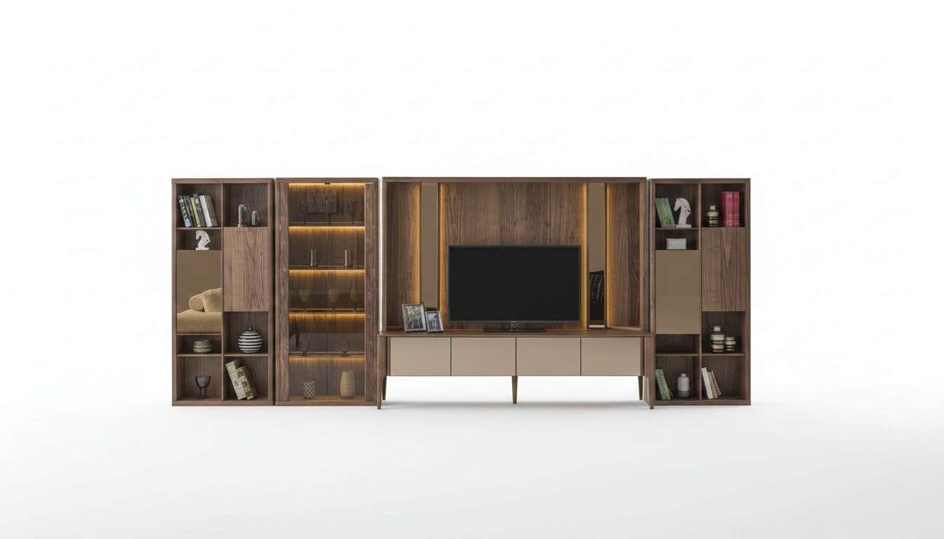 Modern Brown Wall Unit Living Room Wooden Wall Mux LED Shelves Wall Units