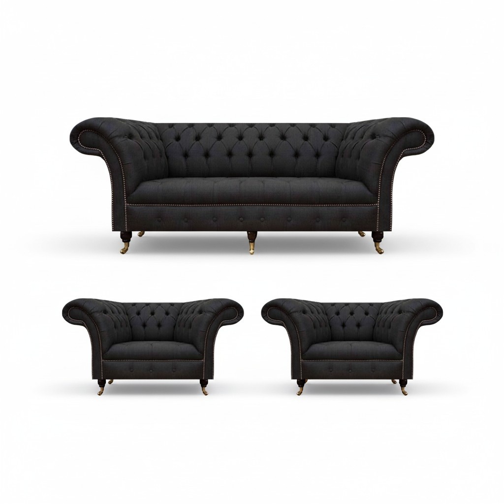 Modern Chesterfield Black Suite Designer 2x Upholstered Armchairs 3-Seater