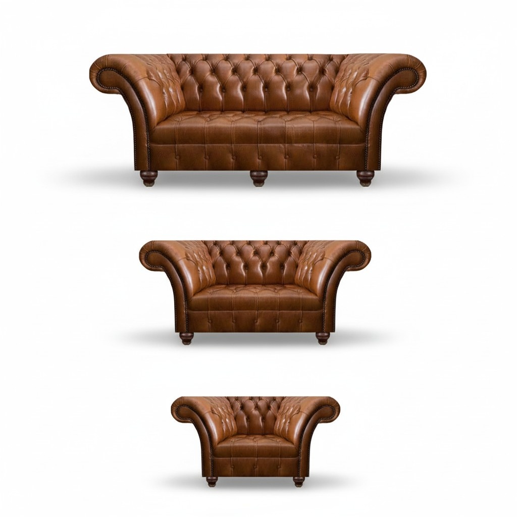 Modern Chesterfield Leather Sofas Designer Armchair Two-Seater 3-Piece Set