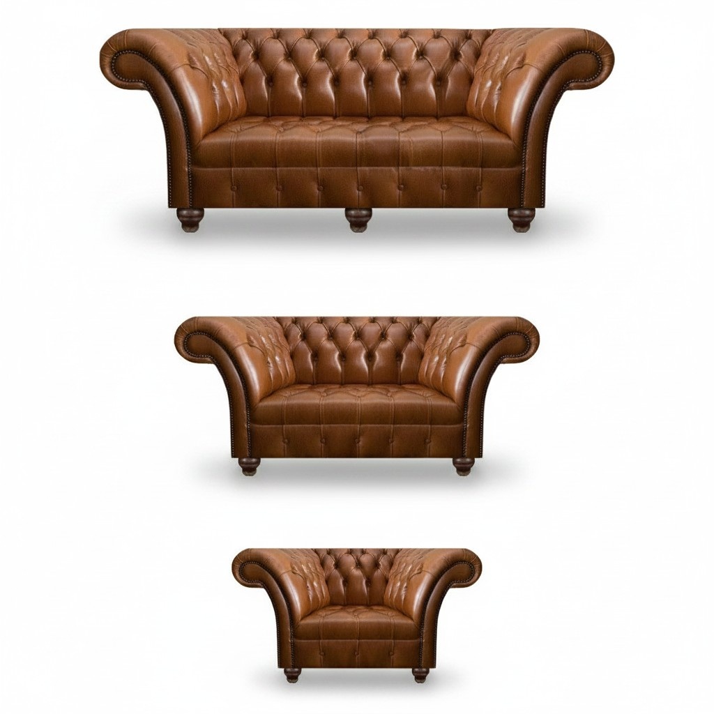 Modern Chesterfield Leather Sofas Designer Armchair Two-Seater 3-Piece Set