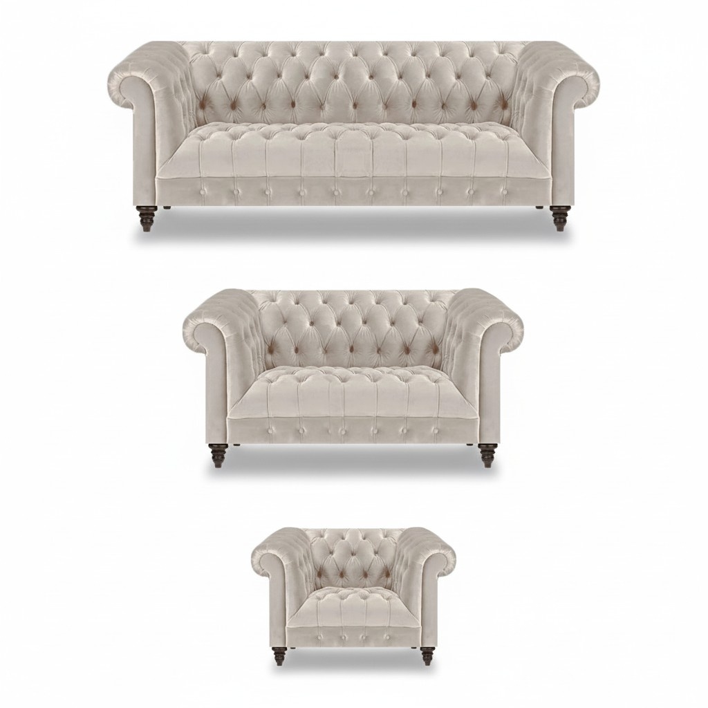 Modern Chesterfield White Sofa Set Elegant Upholstered Sofas Armchairs 3-piece