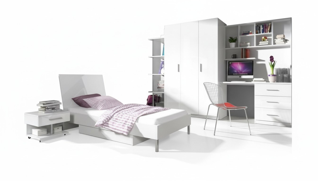 Modern children\'s room set, bed, nightstand, cupboard, desk, bookshelf, 5 pieces.