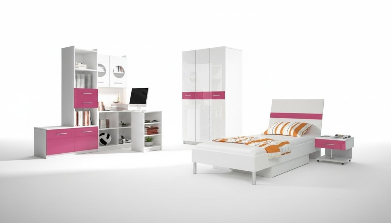 Modern children\'s room pink girl cabinet bed table wood 5 pieces. bedroom