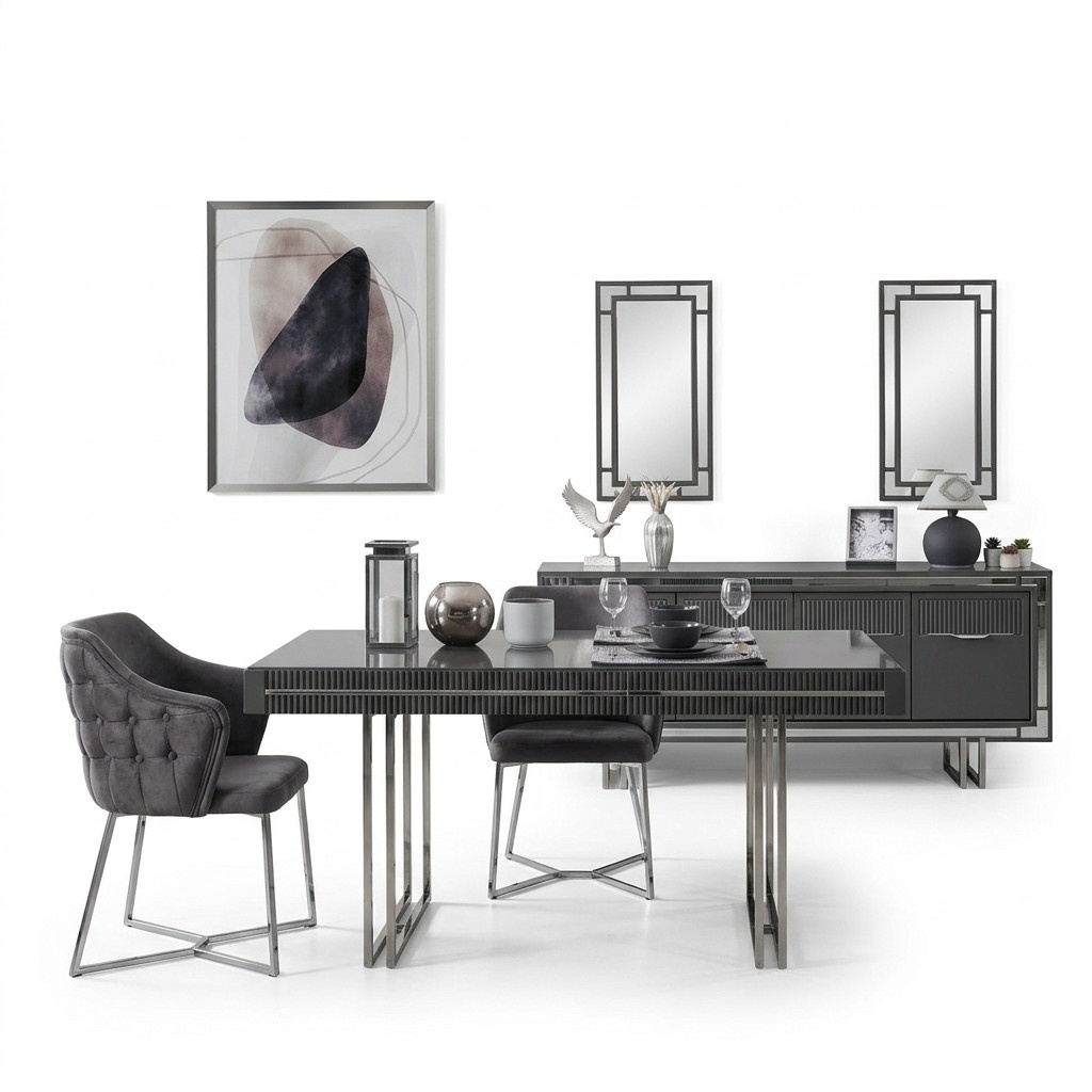 Modern Complete Dining Table 2pcs Sideboard Dining Room Table Wood Grey