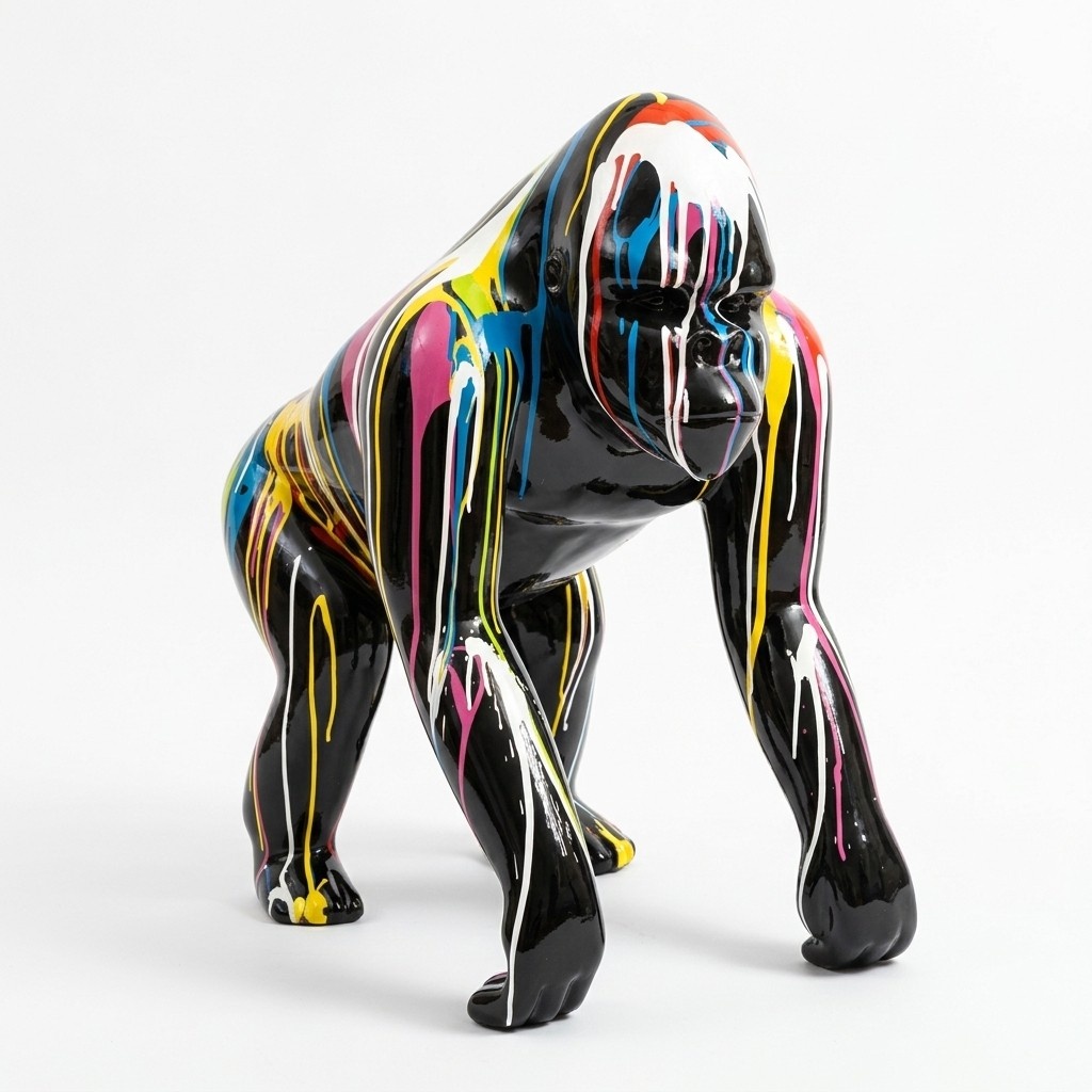 Modern style abstract decorative sculpture designed as full gloss black colored gorilla with colorful stripes 70cm height