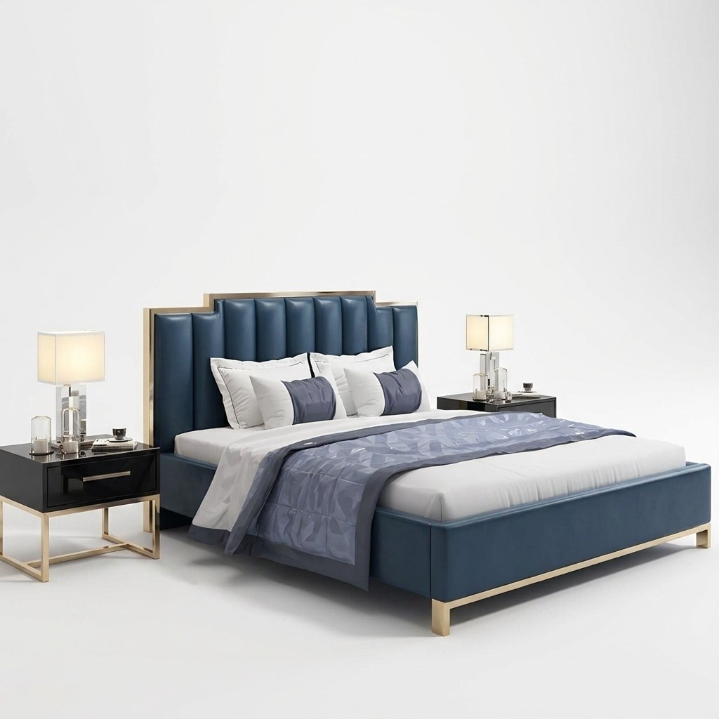 Designer leather double bed in modern style stainless steel made of real wooden 180x200cm size