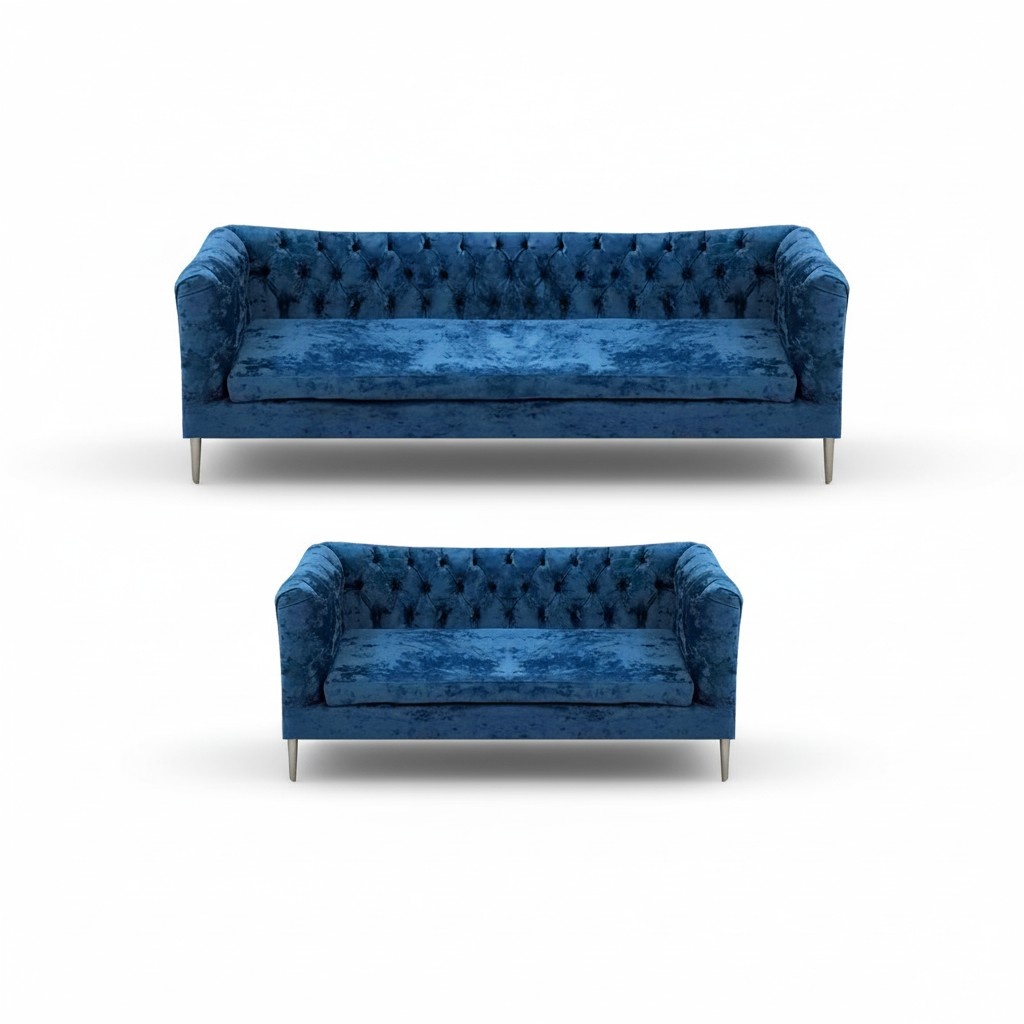 Modern Design Blue Upholstered Seat 2x Sofas Couches Living Room Chesterfield
