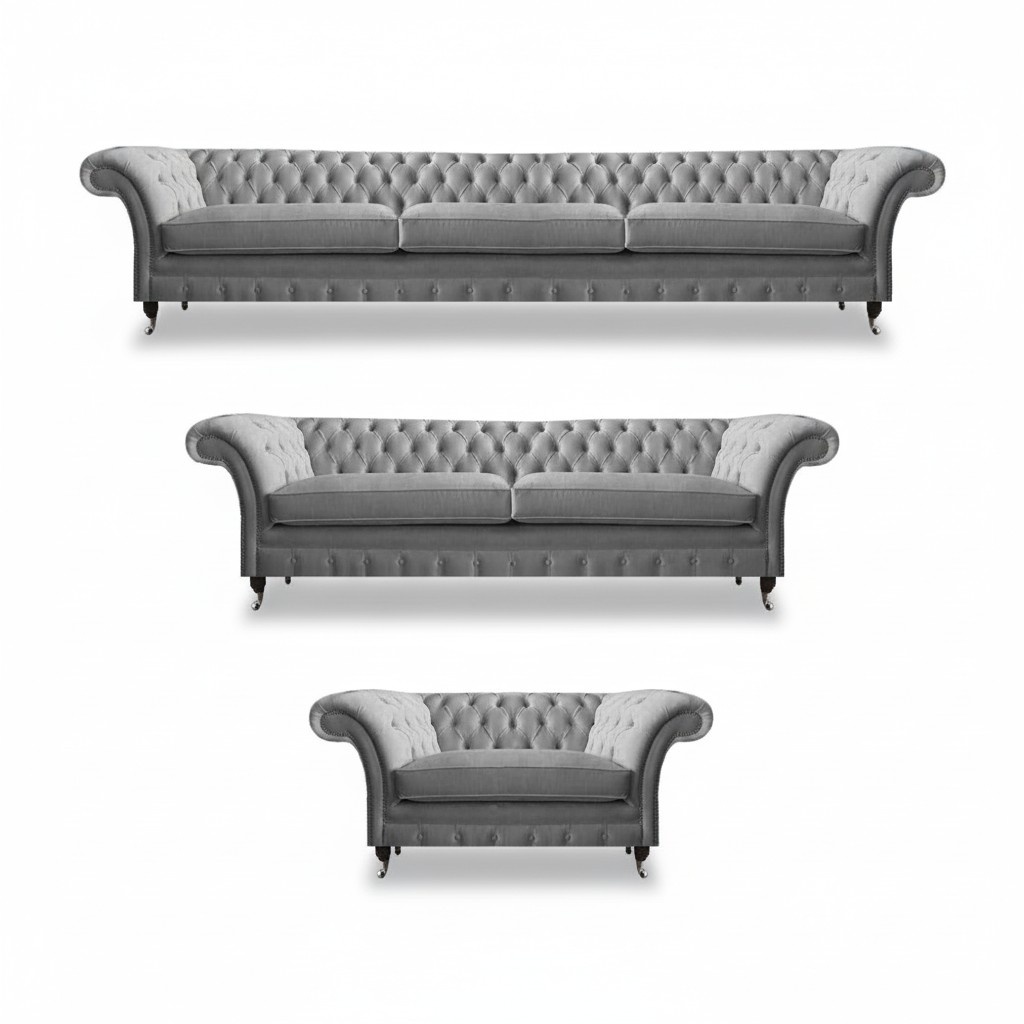 Modern Designer Furniture Set Gray Complete 3-piece Luxury Chesterfield Sofa Suite