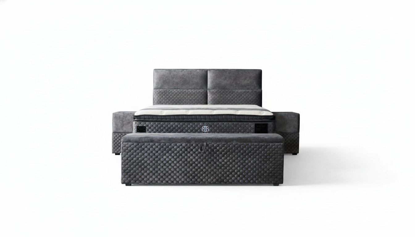Modern designer luxury bed with 2 bedside tables and bench furniture room 4 pieces