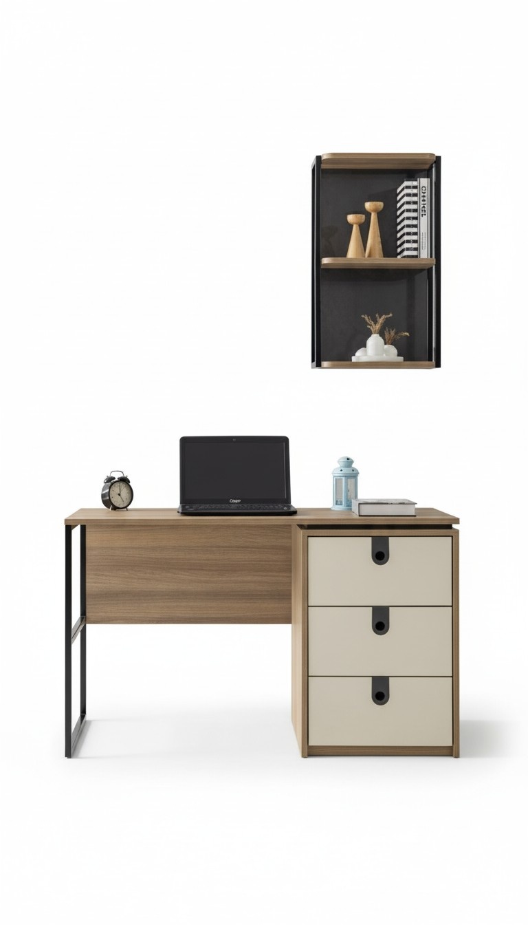 Modern desk with integrated drawer unit in cream and black.