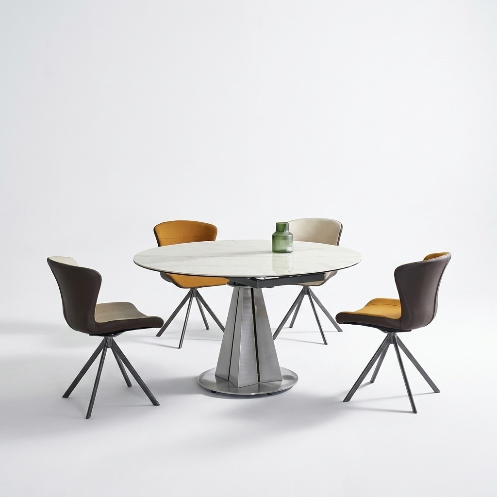 Modern dining group designer round table stylish 4x faux leather chairs 5 pieces