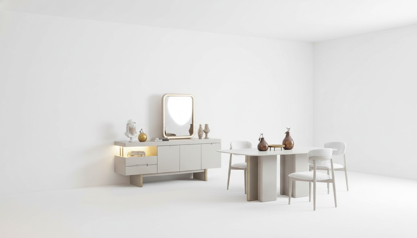 Modern dining room set beige dining ensemble 8 pieces. Table chair 6x cabinet.