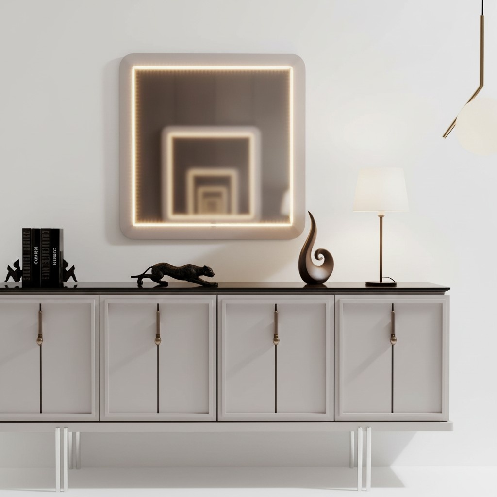 Modern dining room set Brown sideboard Square mirror 2pc set