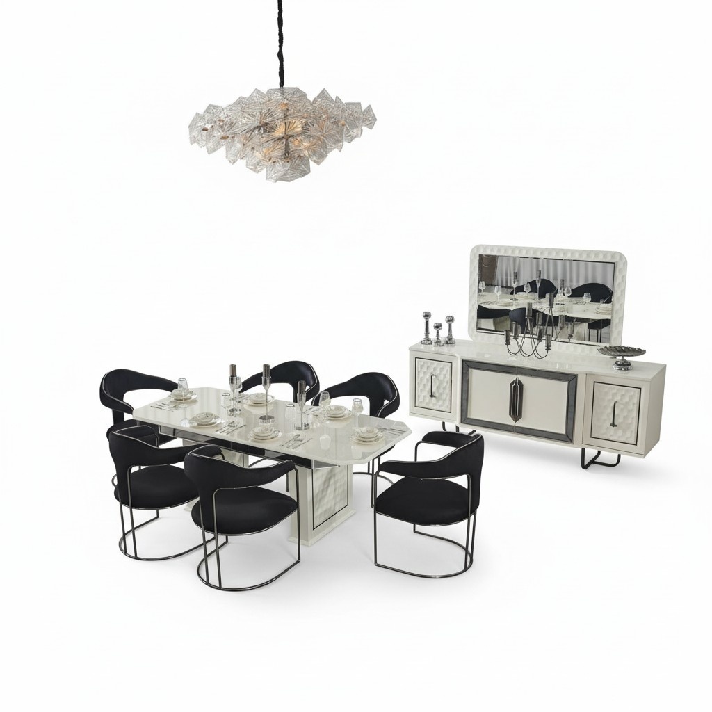 Modern dining room set white dining table 6 chairs white sideboard mirror new