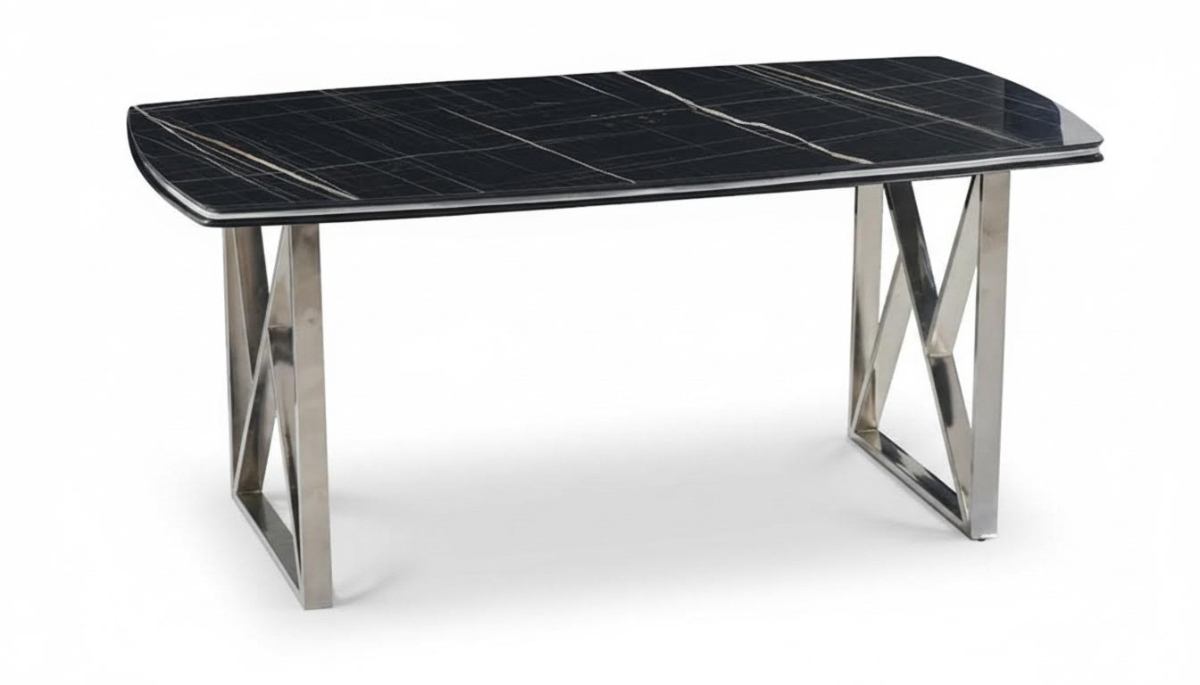 Modern dining table silver chrome legs black rectangular wooden tabletop