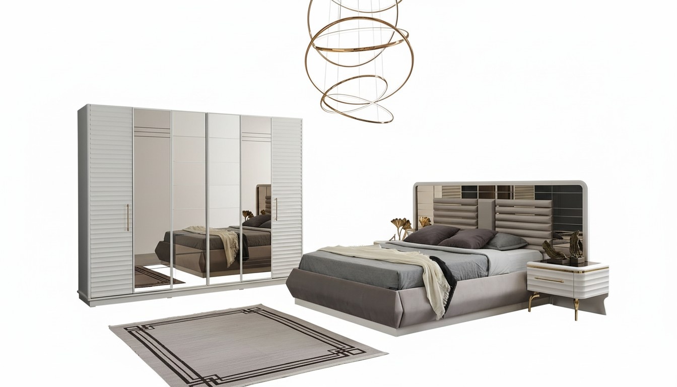 Modern double bed 2x bedside tables wardrobe bedroom set 4 pcs