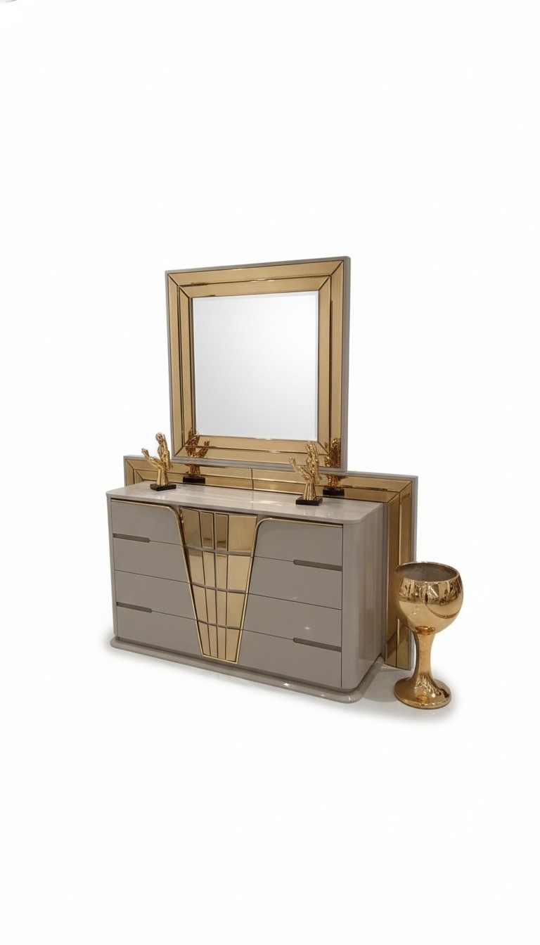 Modern Chest of Drawers with Mirror Luxury Modern design Bedroom Wood Set 2pcs.