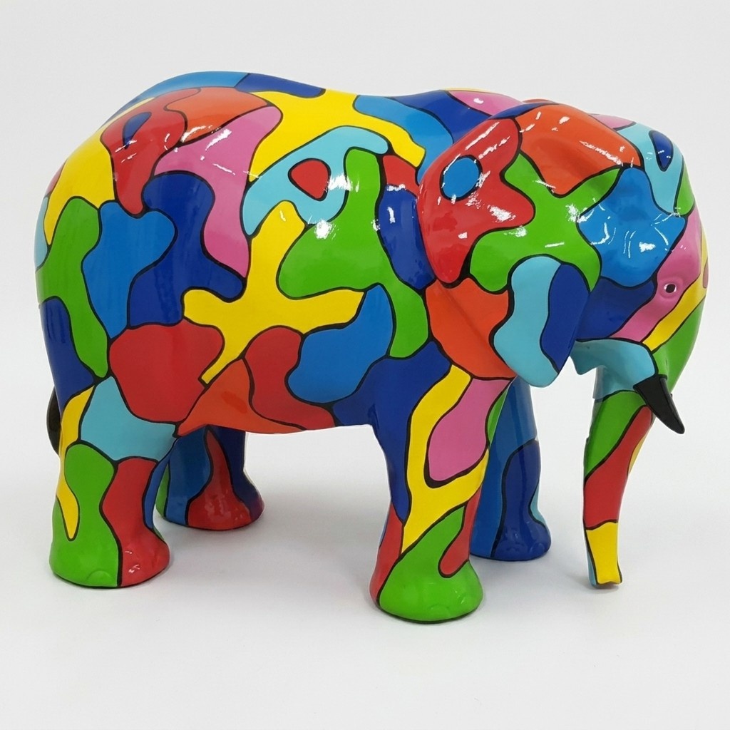 Decorative abstract sculpture designed as a gloss elephant with colorful mosaic patterns 85x116cm