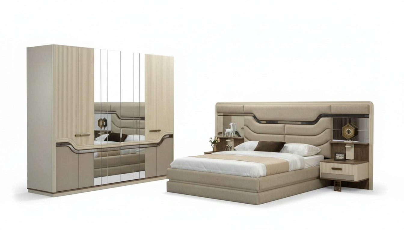 Modern furniture bedroom luxurious set 4pcs beige bedside table wardrobe bed