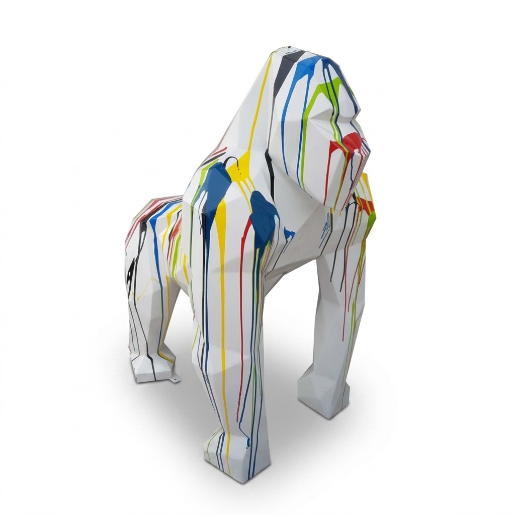 Decorative sculpture designed as a geometric gorilla in white with colorful patterns 128x178x118cm