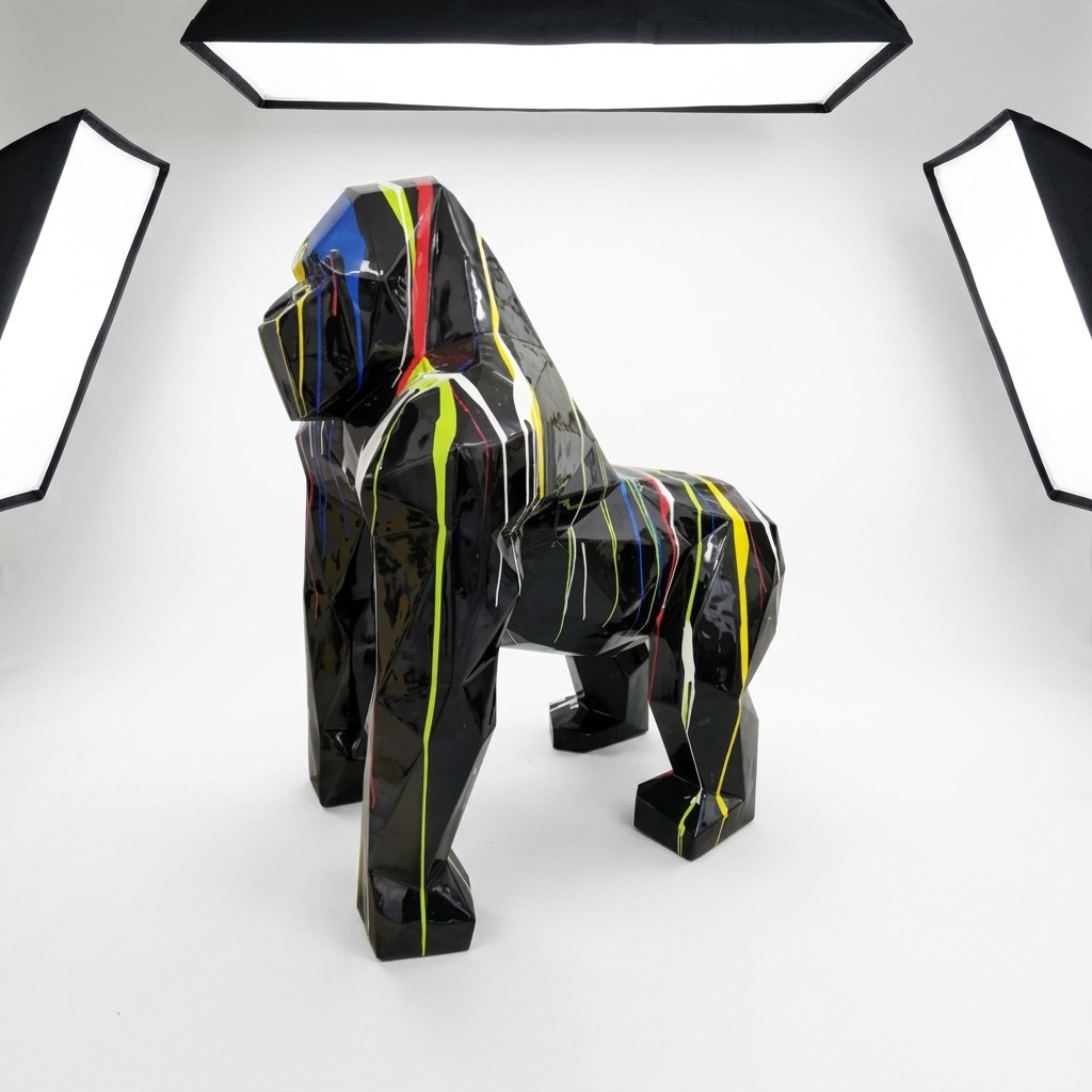 Decorative sculpture designed as a geometric black gorilla in colorful stripes 128x78x118cm