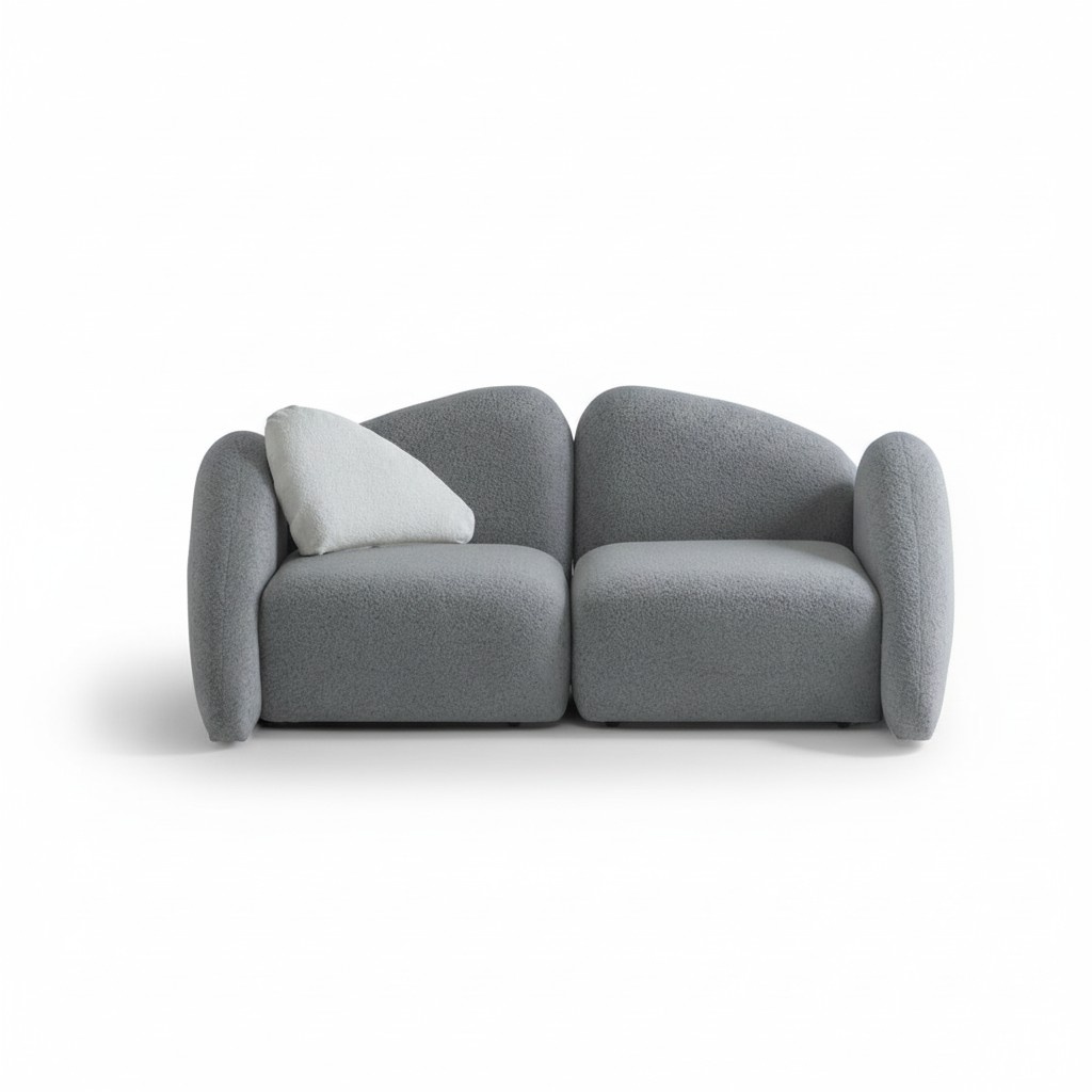 Modern gray 3-seater fabric sofa with wooden frame.