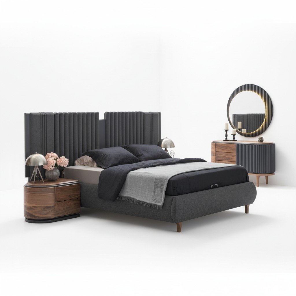 Modern grey bedroom set textile bed wood bedside tables chest of drawers