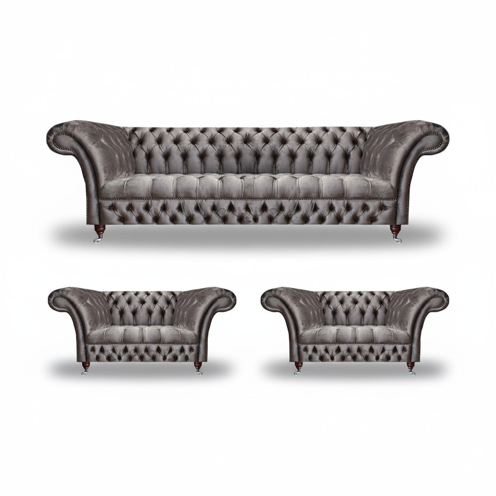 Modern Gray Chesterfield Sofa Set 3+1+1 Seats Luxurious Living Room