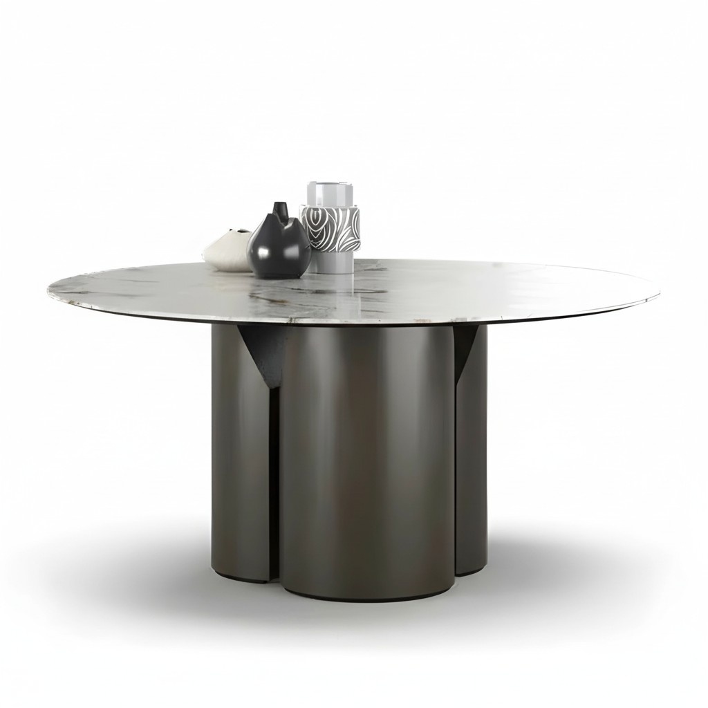 Modern gray dining table made of wood and marble.