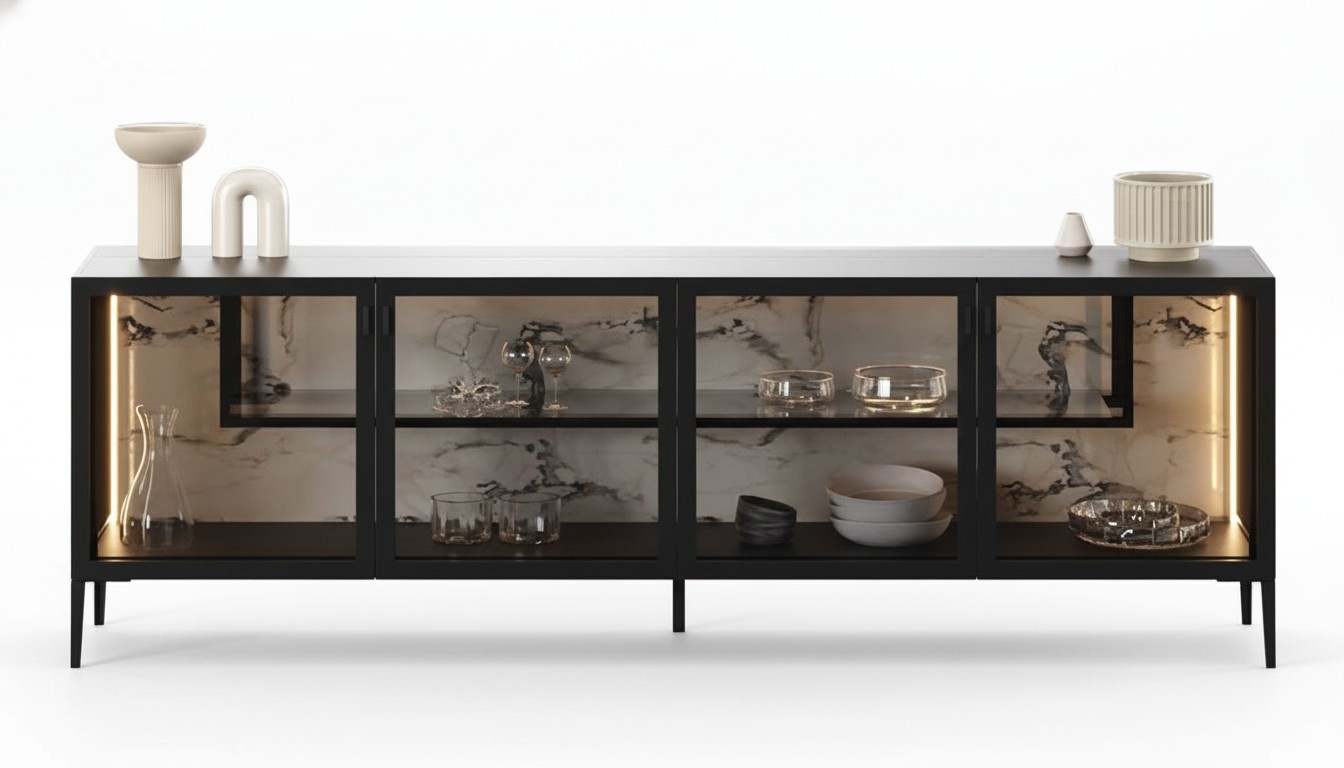 Modern gray console made of wood with glass for living room and hallway.