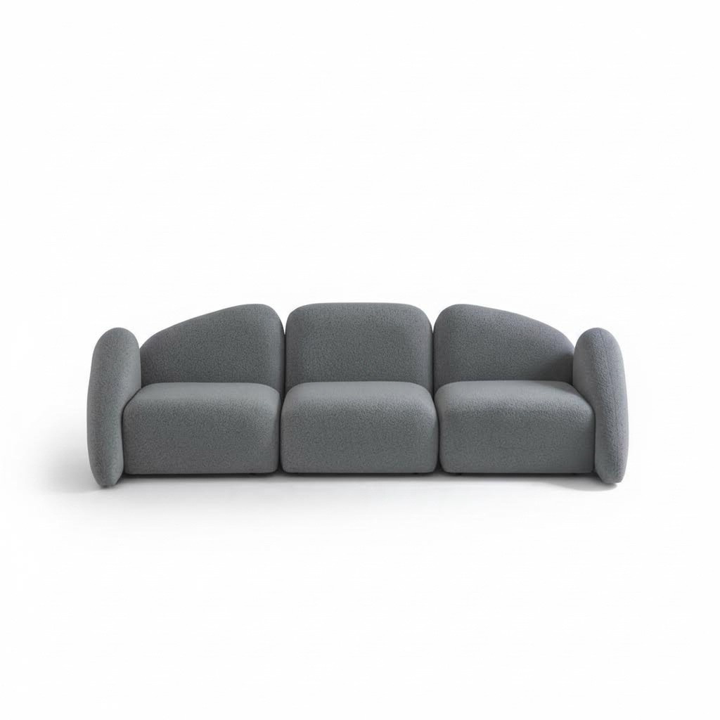 Modern gray fabric 4-seater sofa with wooden frame.
