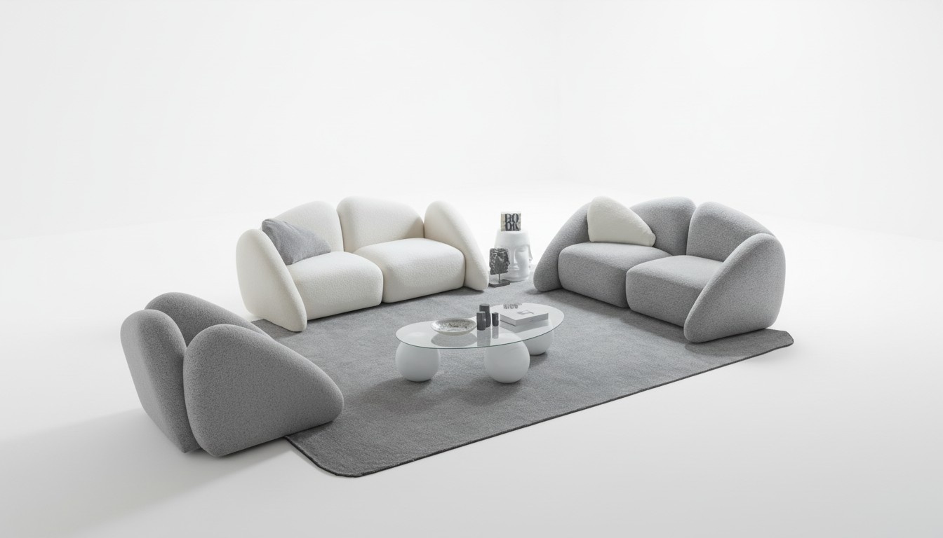 Modern gray living room set made of fabric and wood.